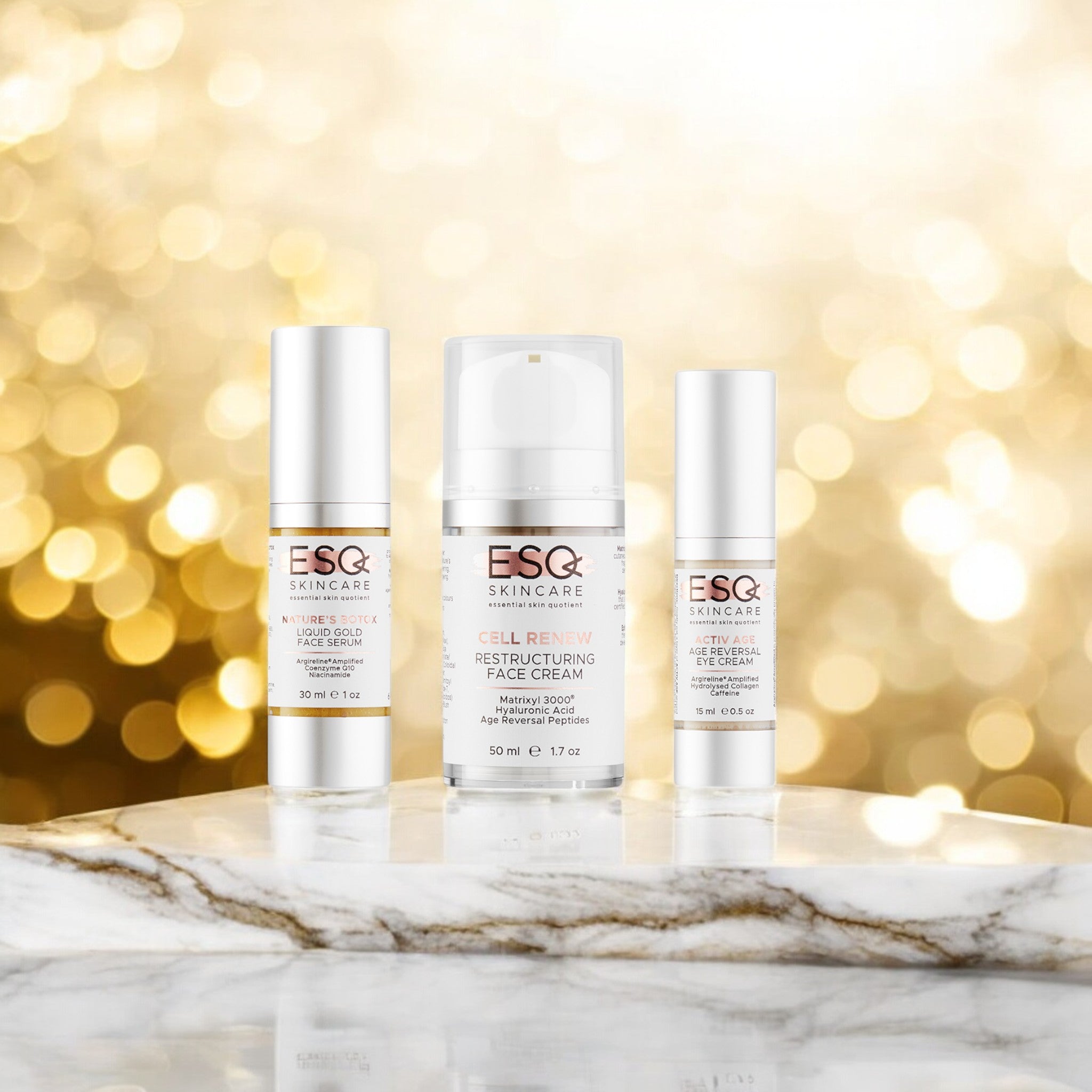ESQ skincare supreme science skincare set with a gold bokeh backdrop