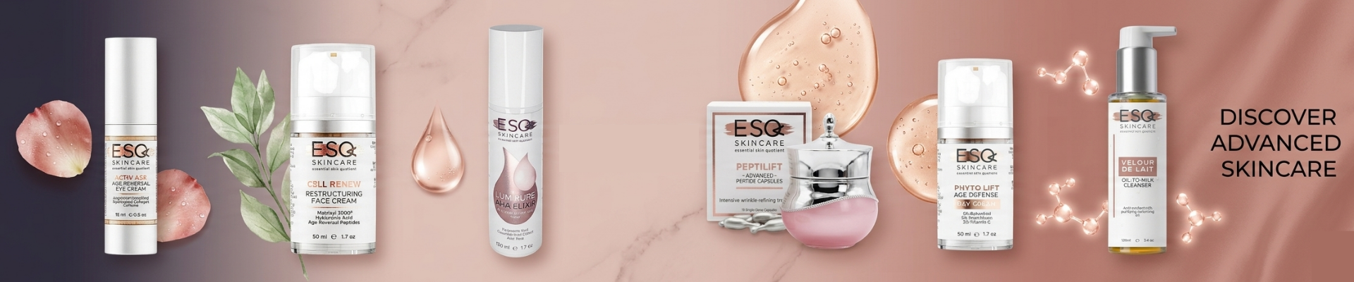 ESQ skincare supreme science skincare set with a gold bokeh backdrop