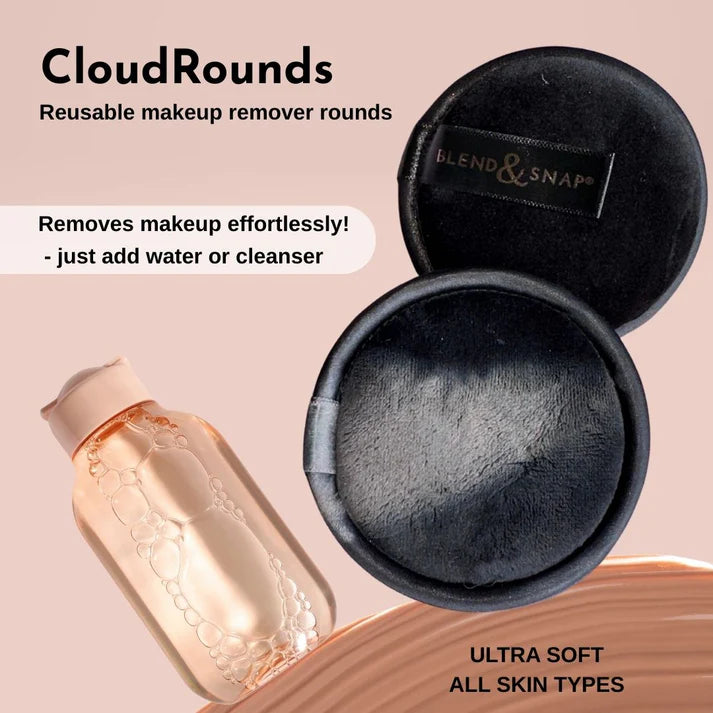 Reusable makeup remover rounds with a bottle on a beige background