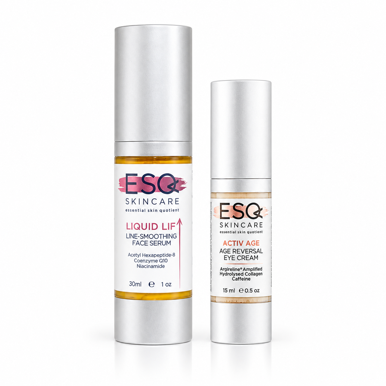 Two ESQ Skincare products on a white background: a tall silver tube of Liquid Lip Line-Smoothing Face Serum and a shorter silver tube of Activ Age Age Reversal Eye Cream.