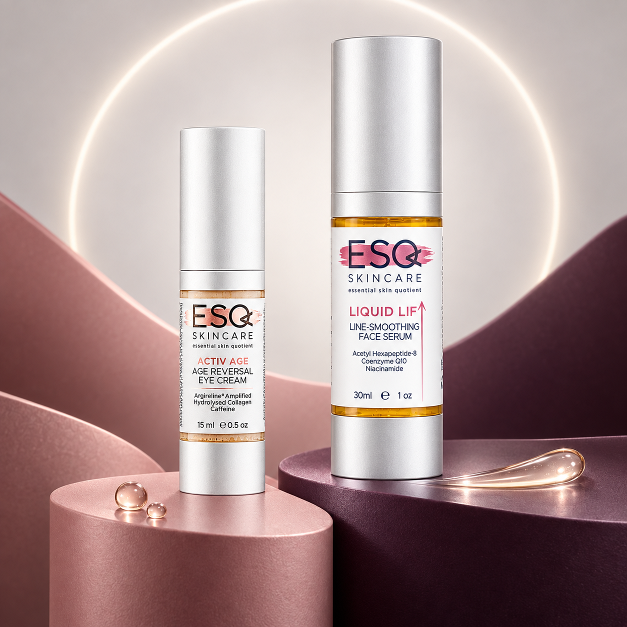 Two cosmetic bottles from ESQ Skincare, including Activ Age Age Reversal Eye Cream and Liquid Lift Line Smoothing Face Serum, displayed on metallic pink pedestals with a glowing ring background.