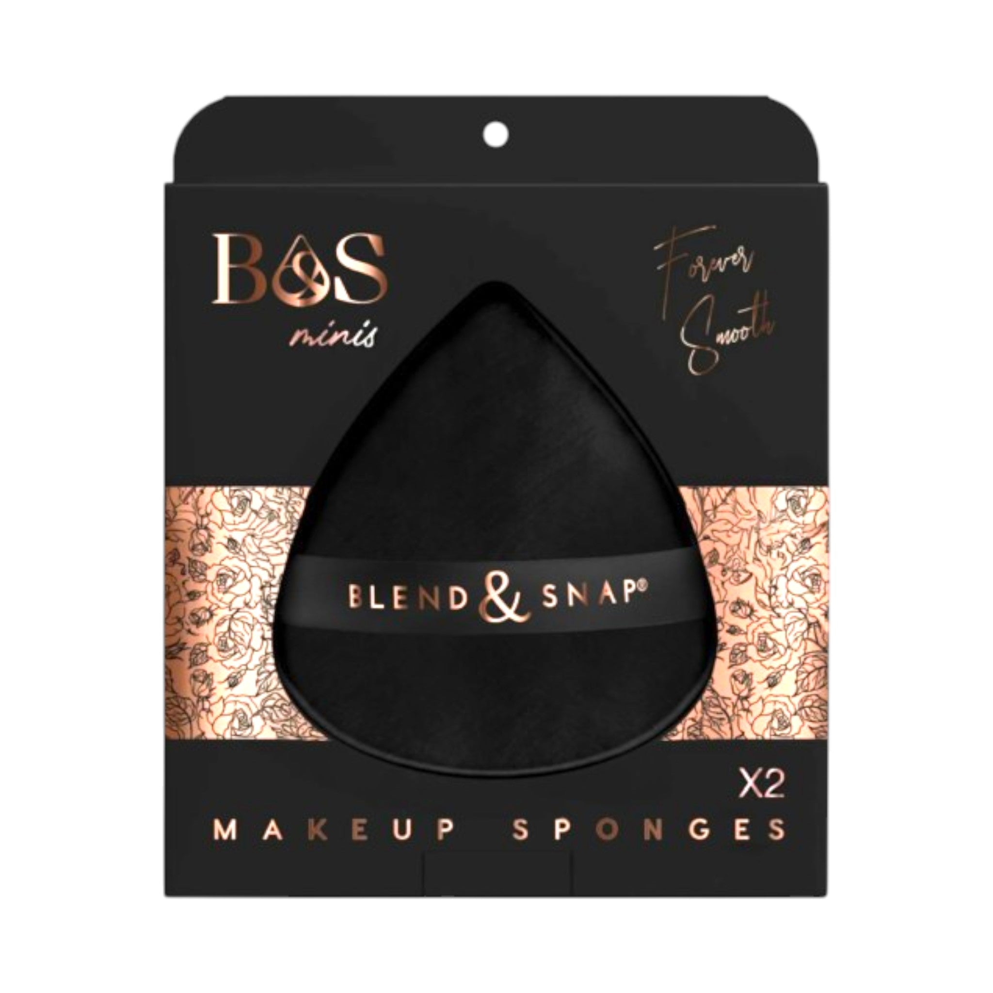 Packaging of Blend & Snap makeup sponges with black sponge inside