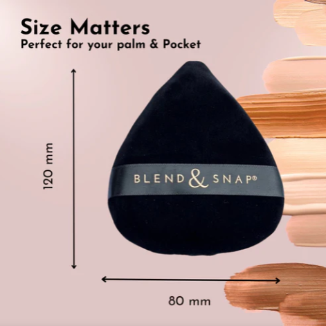 Black makeup blending tool with measurements and 'Blend & Snap' branding on a beige background.