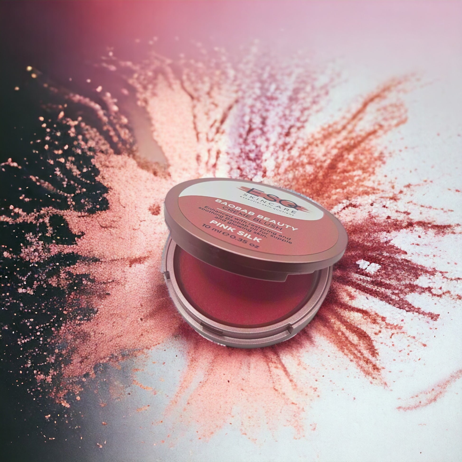 ESQ Skincare Baobab Beauty Crème Blush in Pink Silk, part of the Glow On-the-Go Gift Set. A rich, blendable blush for a radiant, youthful glow.