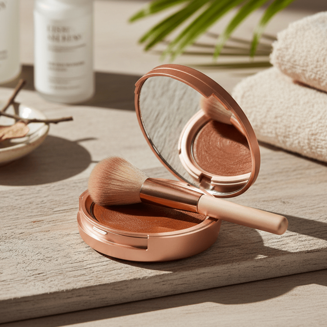 Makeup compact with brush on a wooden surface