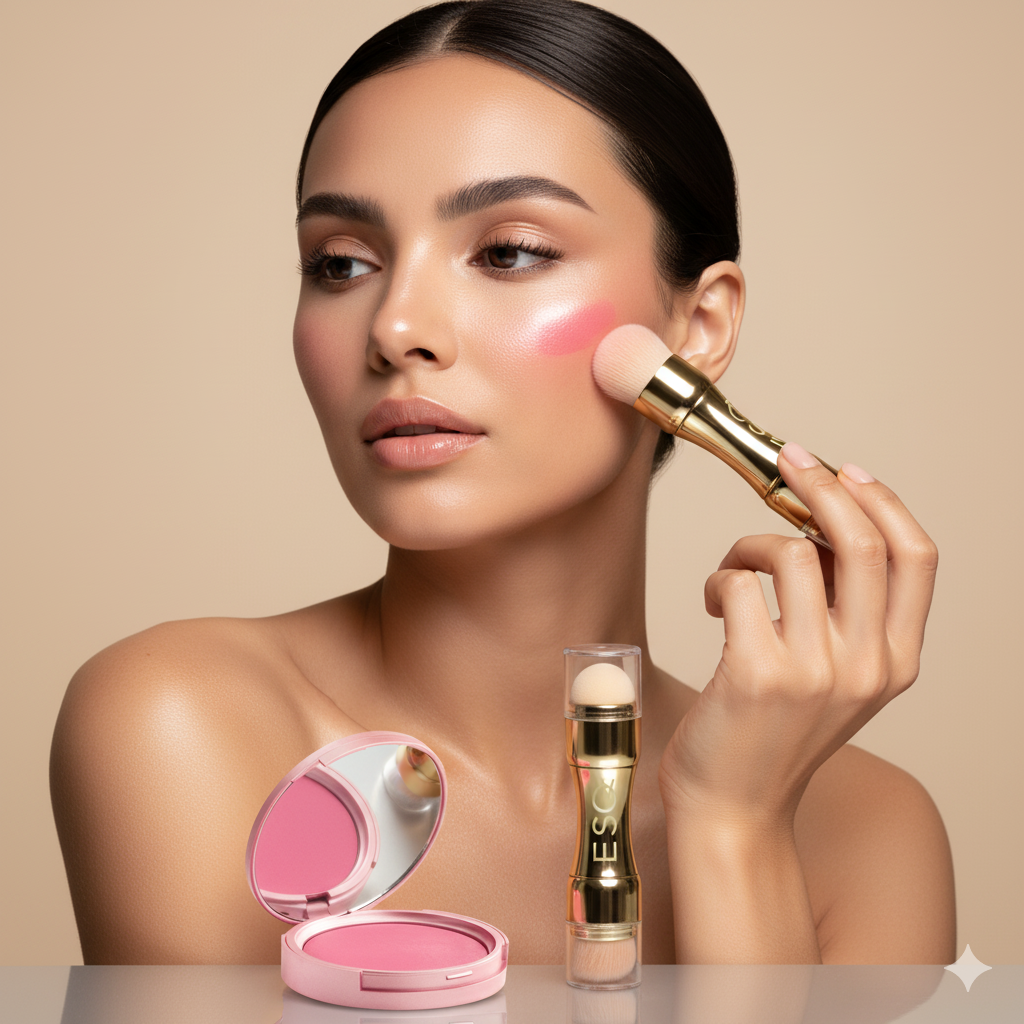 Woman applying makeup with a brush and blush on a beige background