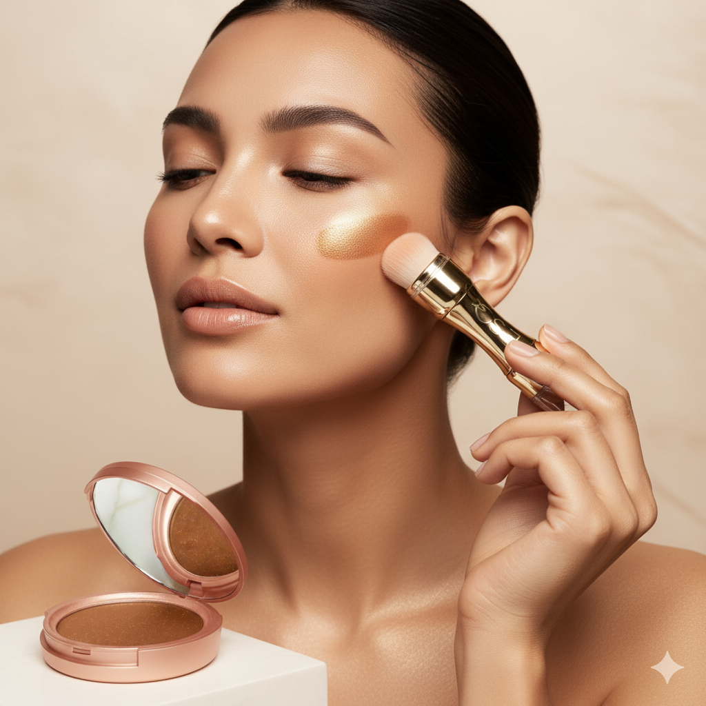 Woman applying makeup with a brush and compact on a beige background