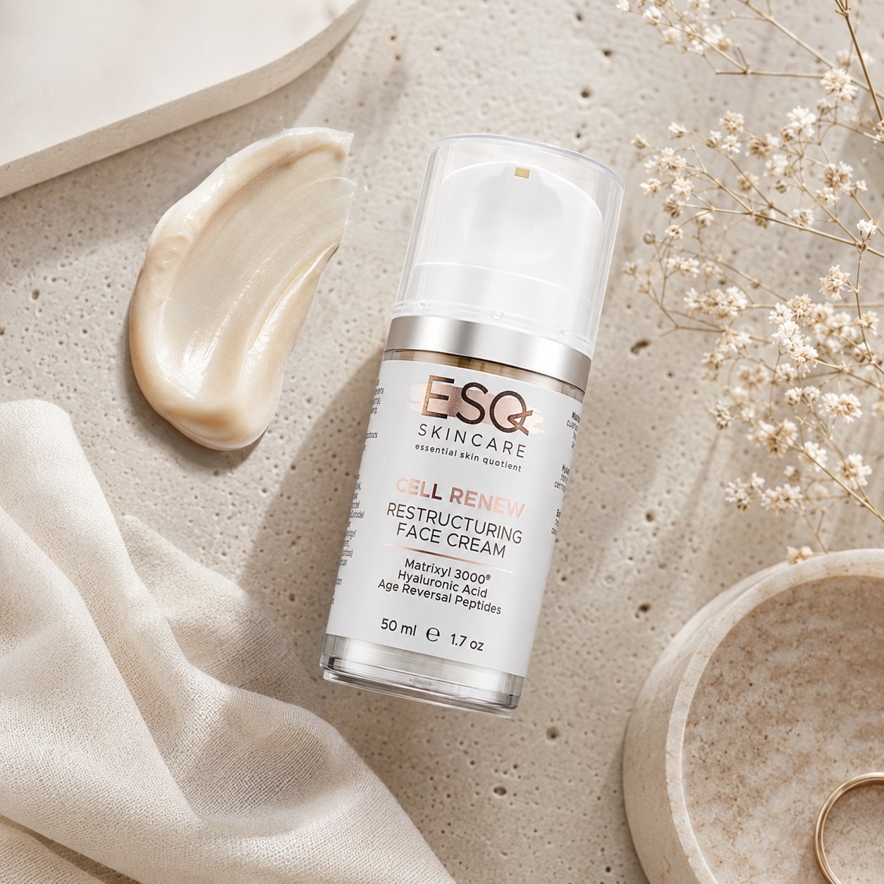 ESQ Skincare Cell Renew Restructuring Face Cream in a clear pump bottle, styled on a textured beige stone surface with a smear of cream, baby's breath flowers, and a small dish.
