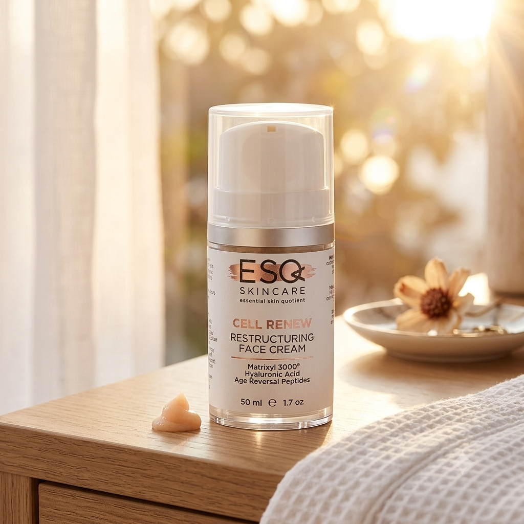 A bottle of ESC Skincare Cell Renew Restructuring Face Cream stands on a light wooden table in a softly lit room. A small dollop of cream sits beside the bottle, with a towel in the foreground and a blurred decorative bowl in the background.
