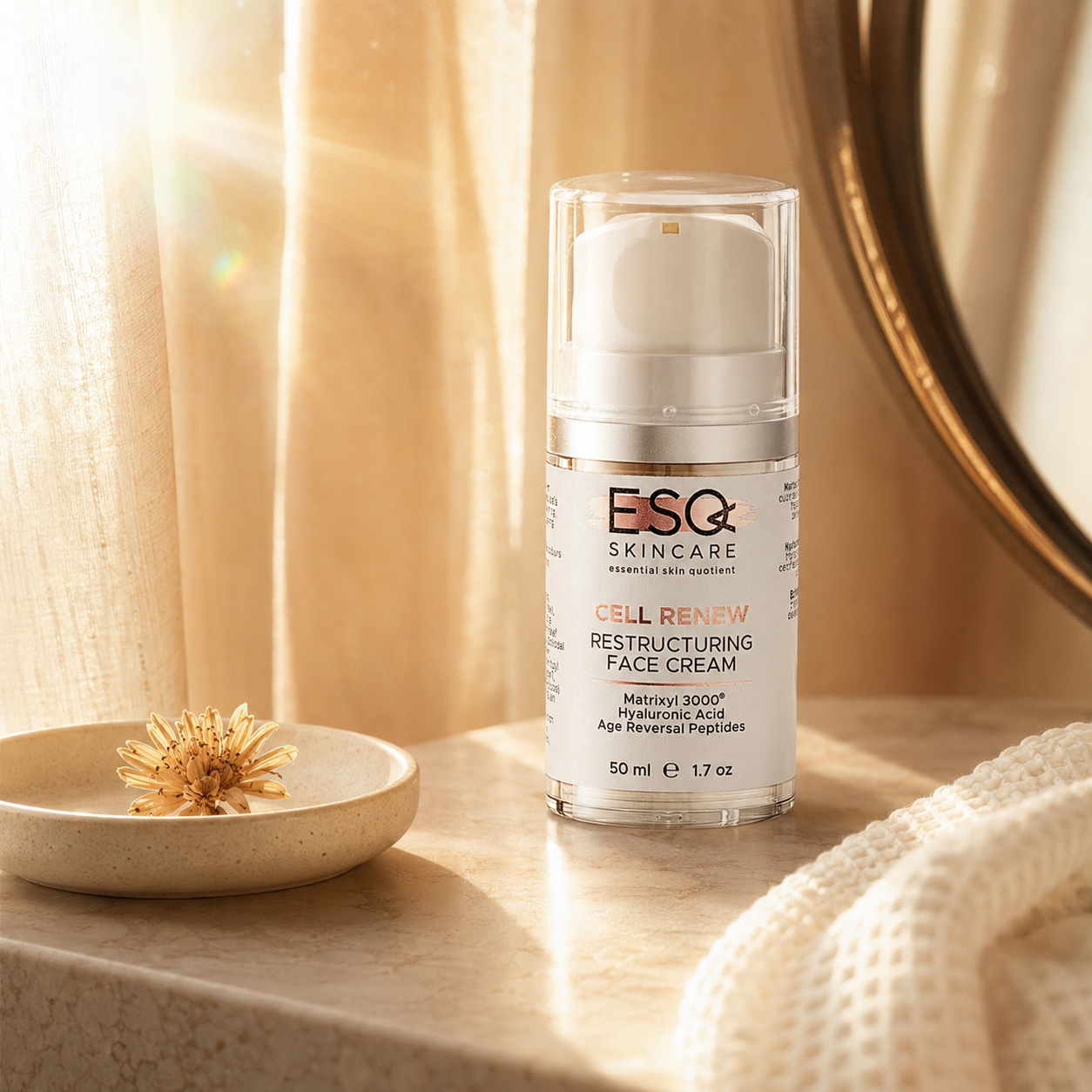 ESQ Skincare Cell Renew Restructuring Face Cream in a clear pump bottle with a white cap, set on a marble surface with warm sunlight, a small dish with a dried flower, and a textured cream towel.