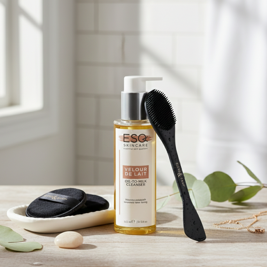 ESQ Skincare product on a wooden surface with a brush and leaves in the background