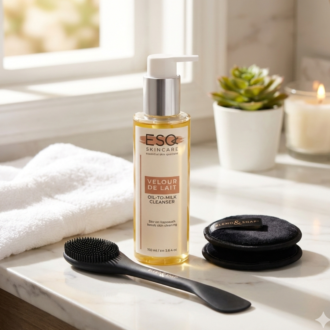 ESQ Skincare bottle with a brush and soap dish on a marble surface with a candle and plant in the background.