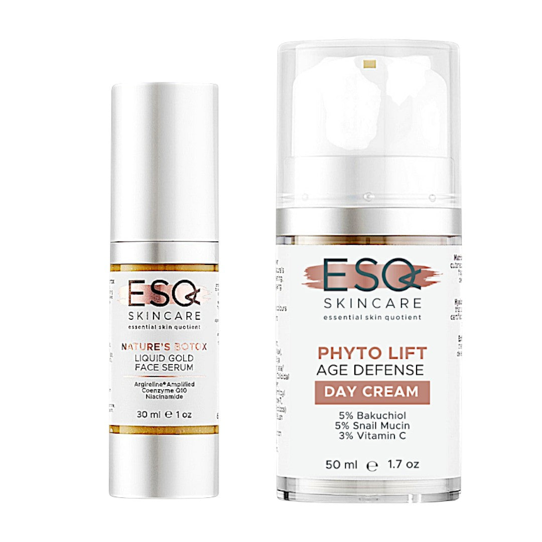 ESQ Skincare Collagen Renewal Duo featuring Phyto Lift Age Defense Day Cream and Nature’s Botox Liquid Gold Face Serum for anti-ageing, collagen boost, and radiant skin