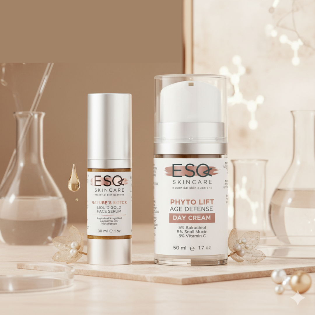 Two skincare products from ESQ Skincare on a decorative surface with soft lighting.