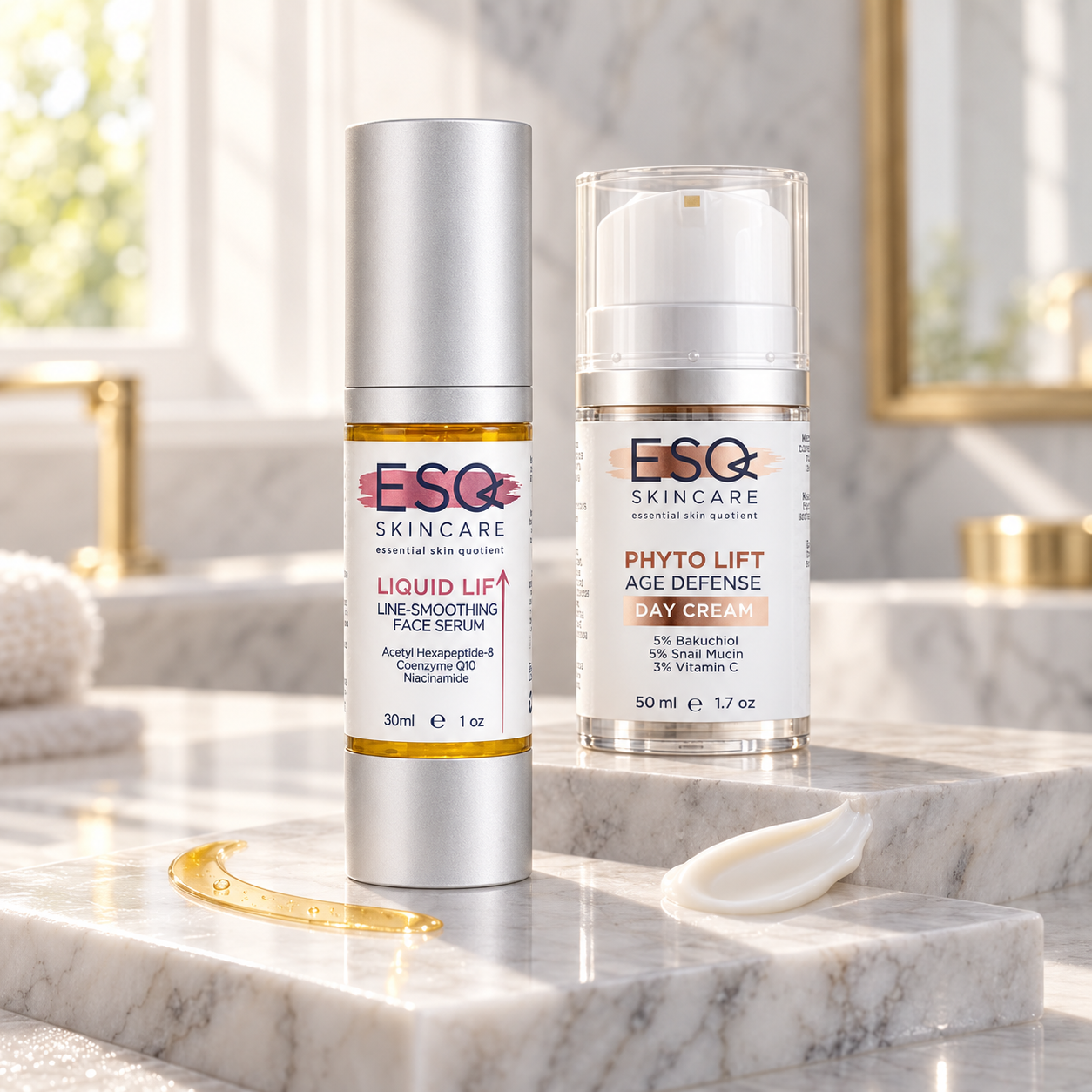 Two skincare products from ESC Skincare are displayed on a white marble tray in a bright bathroom setting. The products are the 'Liquid Lift Line-Smoothing Facial Serum' in a silver bottle and the 'Phyto Lift Age Defense Day Cream' in a clear bottle with a white pump dispenser.