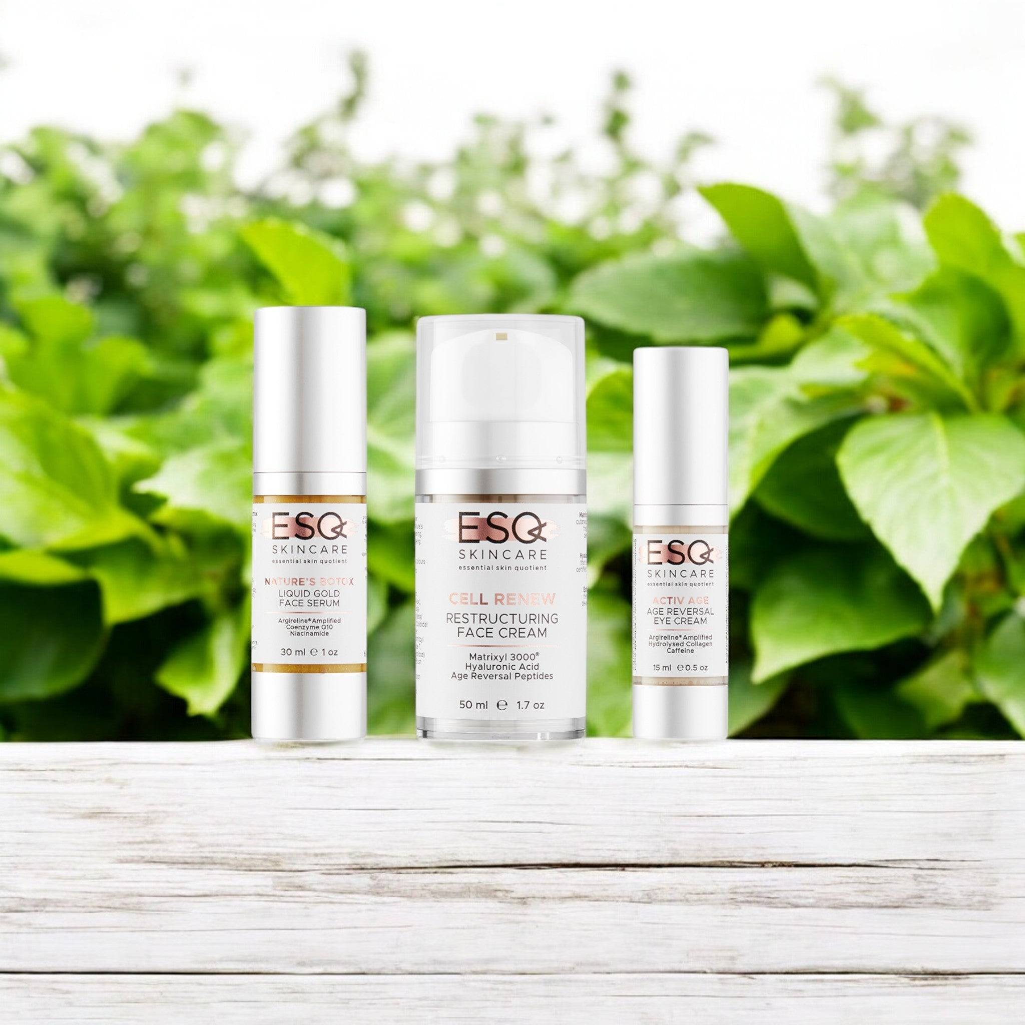 ESQ Skincare 
Supreme Care Gift Set – includes Cell Renew Restructuring Face Cream, Nature’s Botox Liquid Gold Face Serum, and Activ~Age Age Reversal Eye Cream, designed to hydrate, firm, and rejuvenate skin for a youthful, radiant complexion