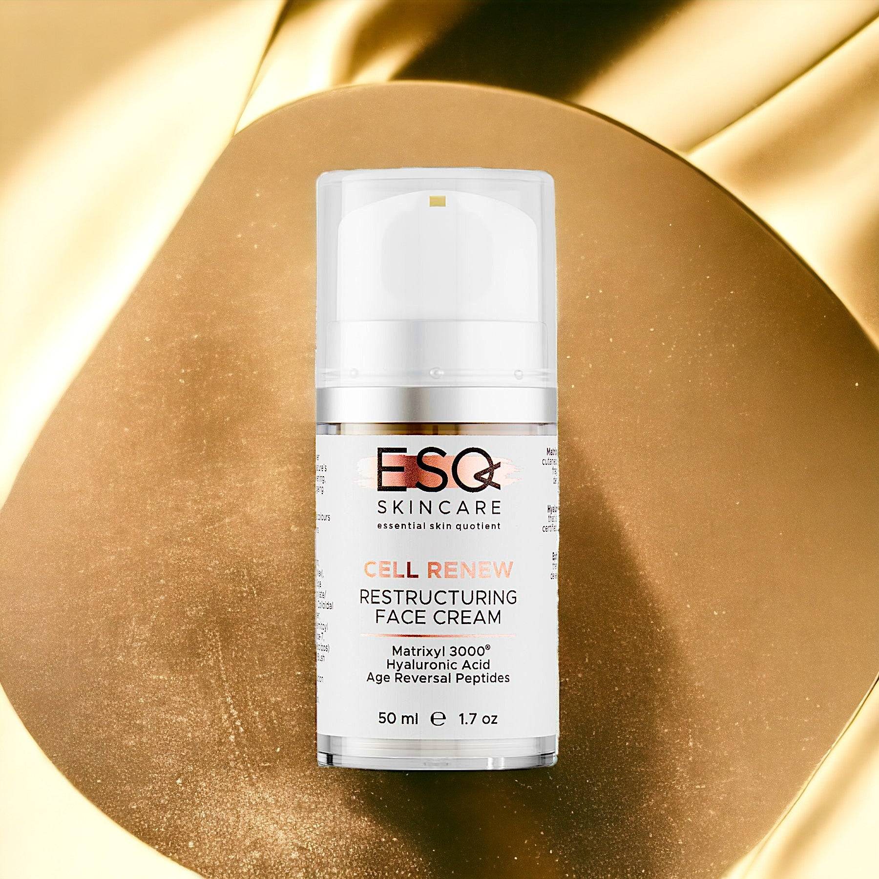 ESQ Skincare Cell Renew Restructuring Face Cream – anti-aging face cream with age-reversal peptides, hyaluronic acid, and antioxidants to hydrate, firm, and improve skin elasticity, suitable for all skin types.