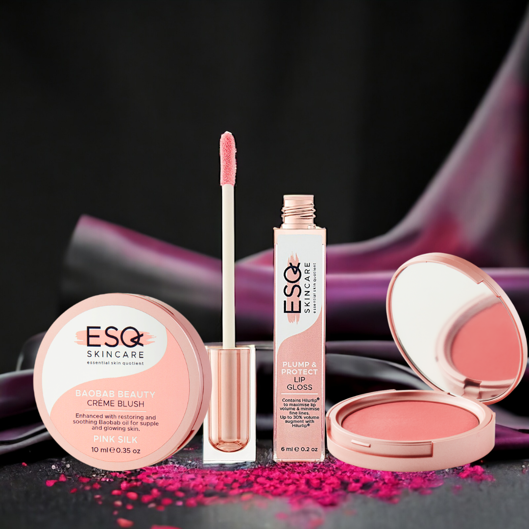 Glow On-the-Go Gift Set by ESQ Skincare featuring Baobab Beauty Crème Blush in Pink Silk and Plump & Protect Lip Gloss. Achieve a radiant, youthful glow anytime.