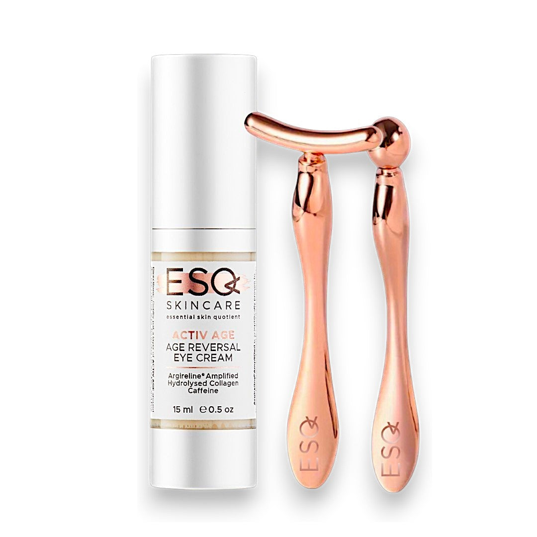 Eye Revive Luxury Gift Set featuring Argireline Amplified Age Reversal Eye Cream and rose gold face massage tools for reducing dark circles and puffiness.