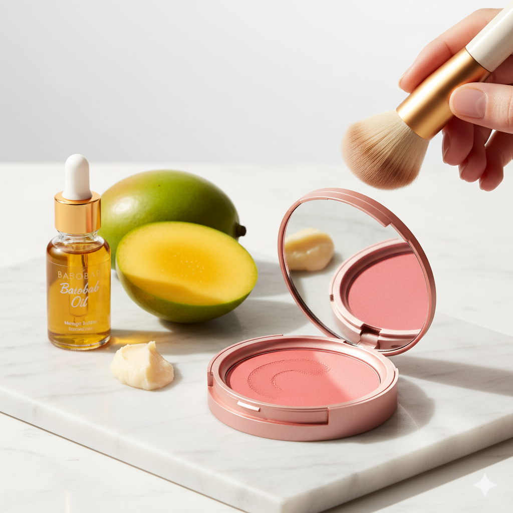 Makeup compact with blush, mangoes, and a dropper bottle on a marble surface