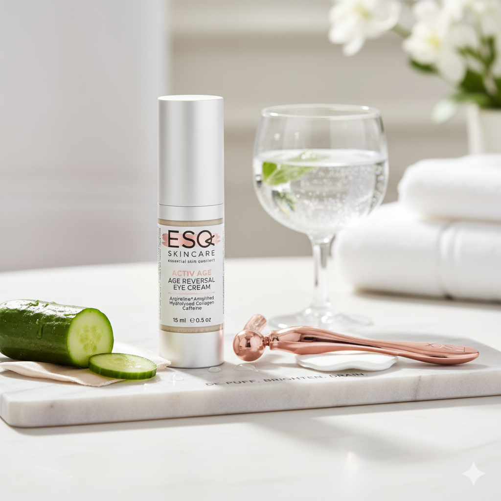 ESQ Skincare eye cream bottle on a marble surface with cucumbers, a glass of water, and a roller.