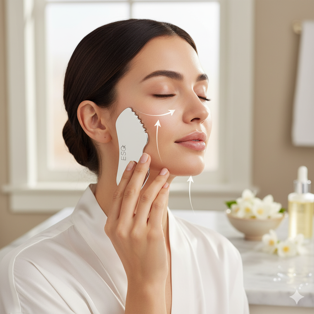 Woman applying a skincare product to her face in a bathroom setting