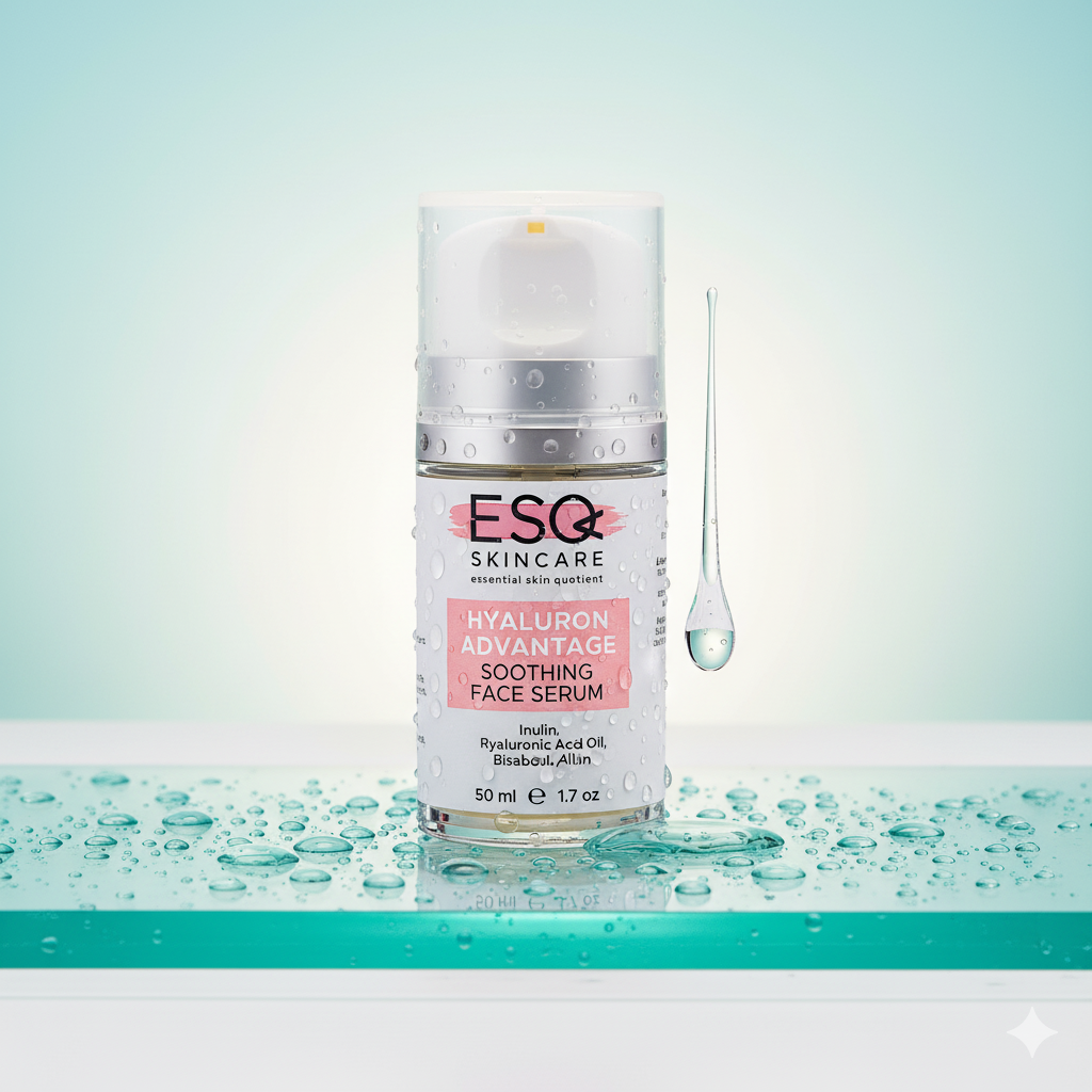 ESQ Skincare Hyaluron Advantage Soothing Face Serum with dropper on a light blue background