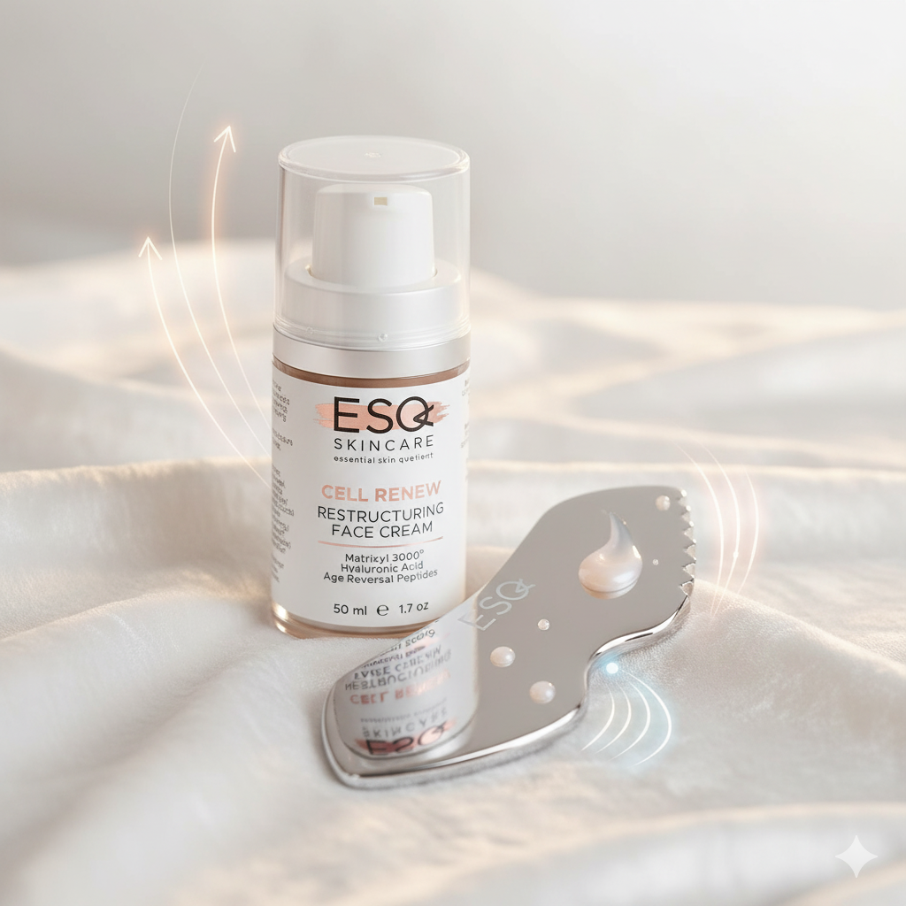 ESQ Skincare face cream bottle with a silver tool on a white background