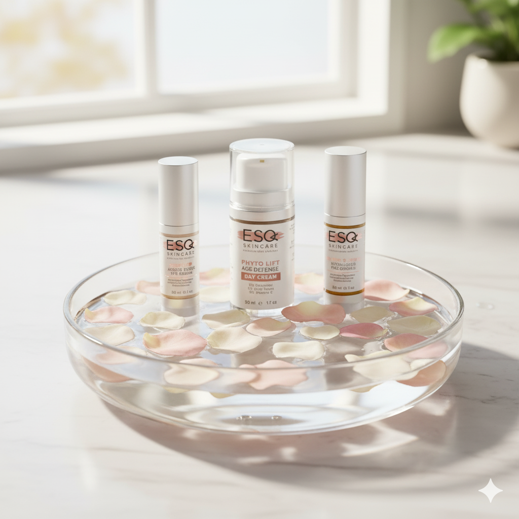 ESQ skincare products on a decorative glass tray with pebbles.