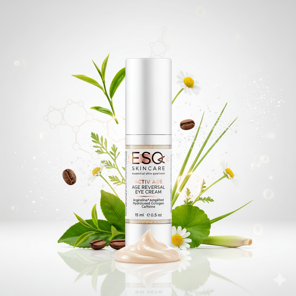 ESQ Skincare eye cream bottle with natural elements on a white background