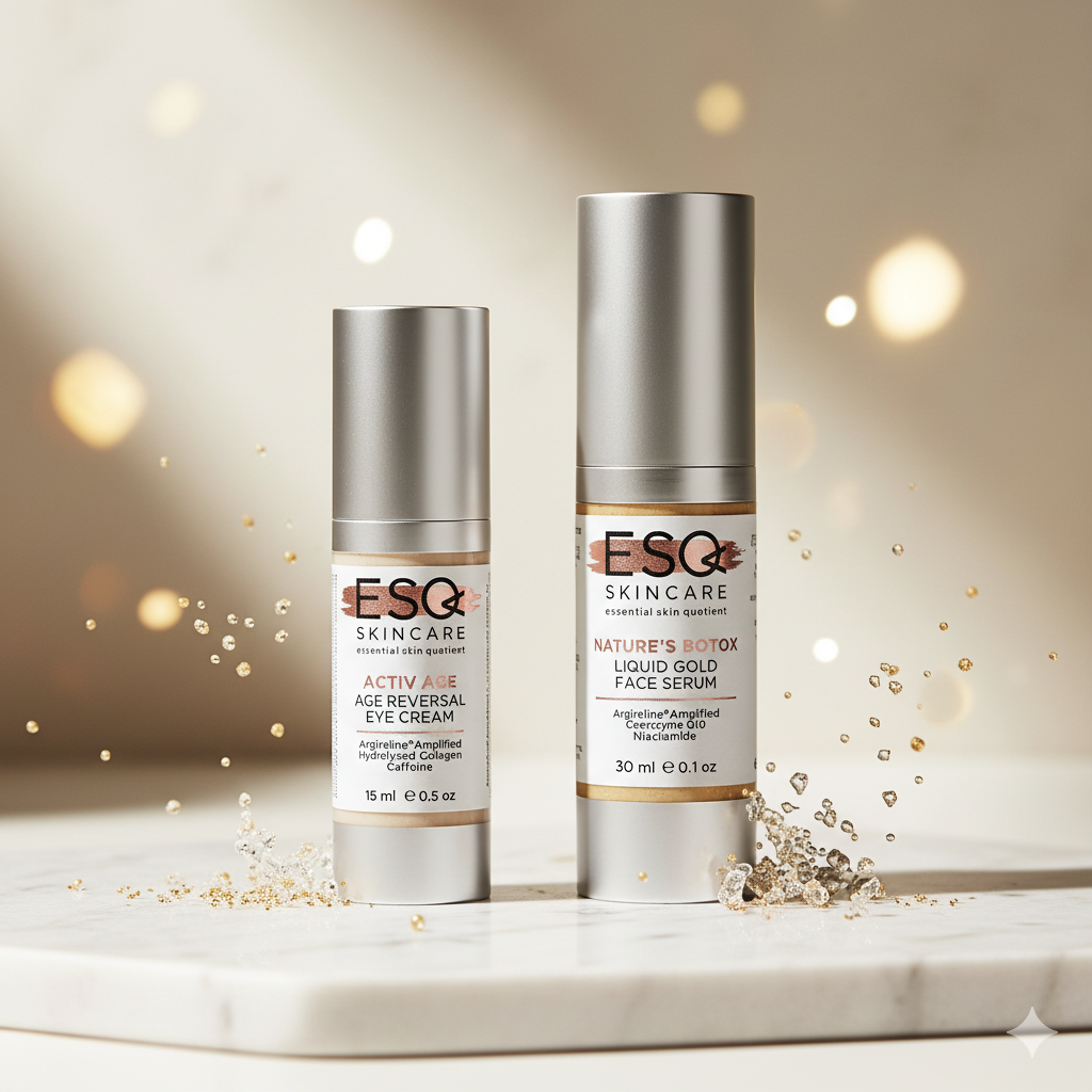 Two skincare bottles from ESQ Skincare on a marble surface with a soft, blurred background.