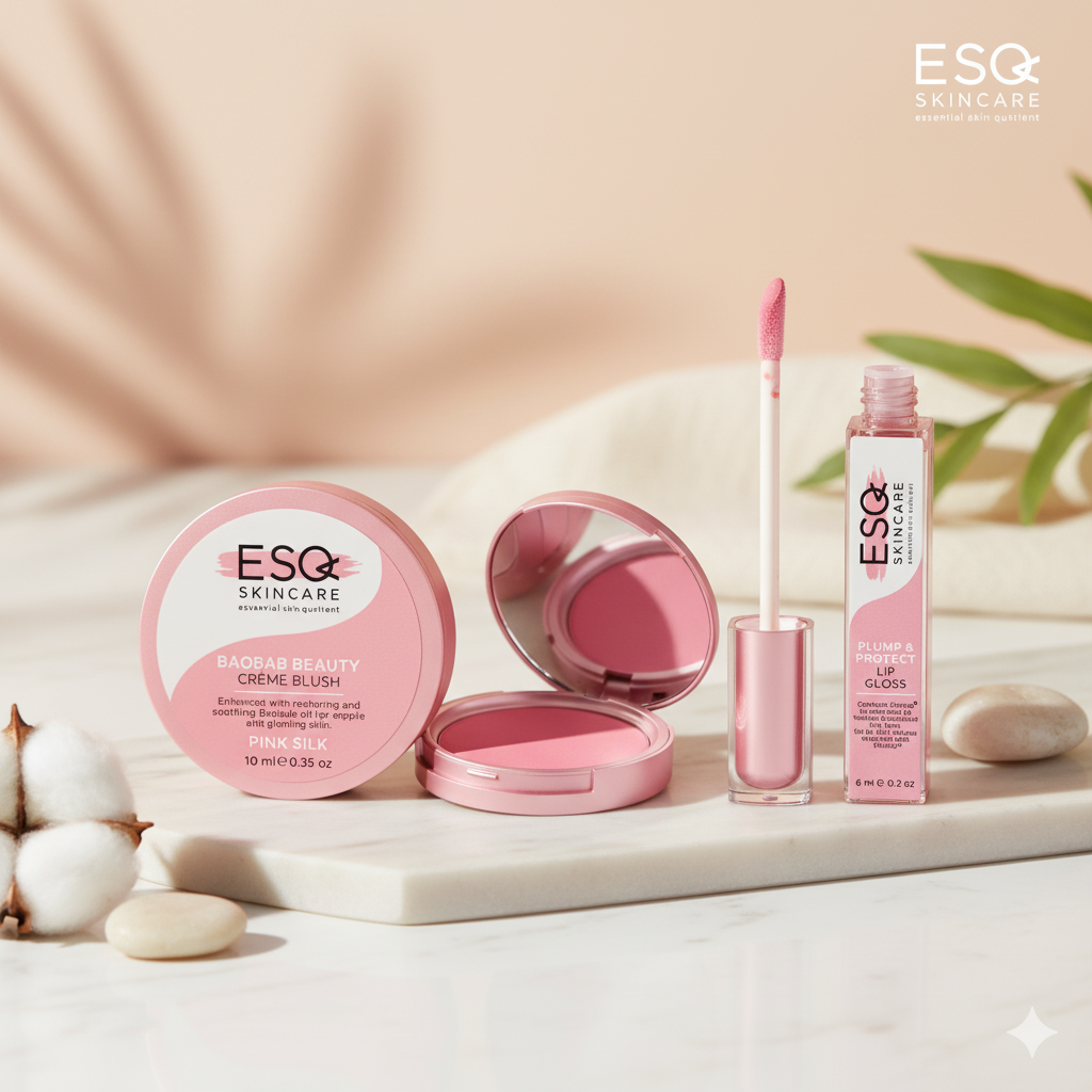 ESQ Skincare makeup products including blush, gloss, and compact on a neutral background