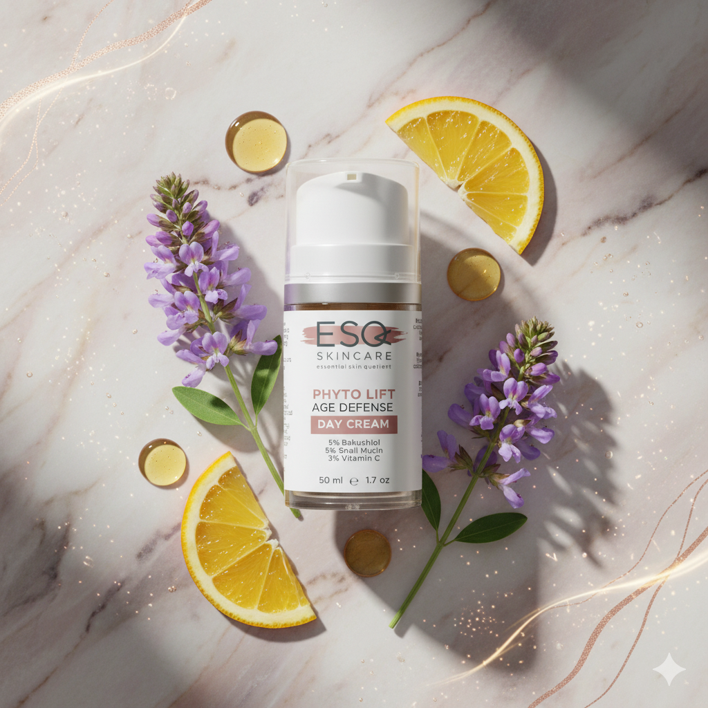 ESQ Skincare day cream bottle with lemon slices and flowers on a marble surface