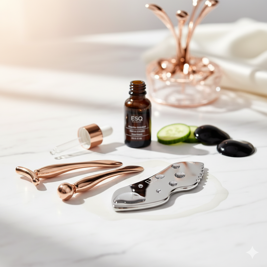 ESO skincare products including a dropper, bottle, and tools on a white background