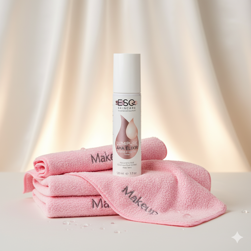 ESQ skincare bottle with pink towels on a light background