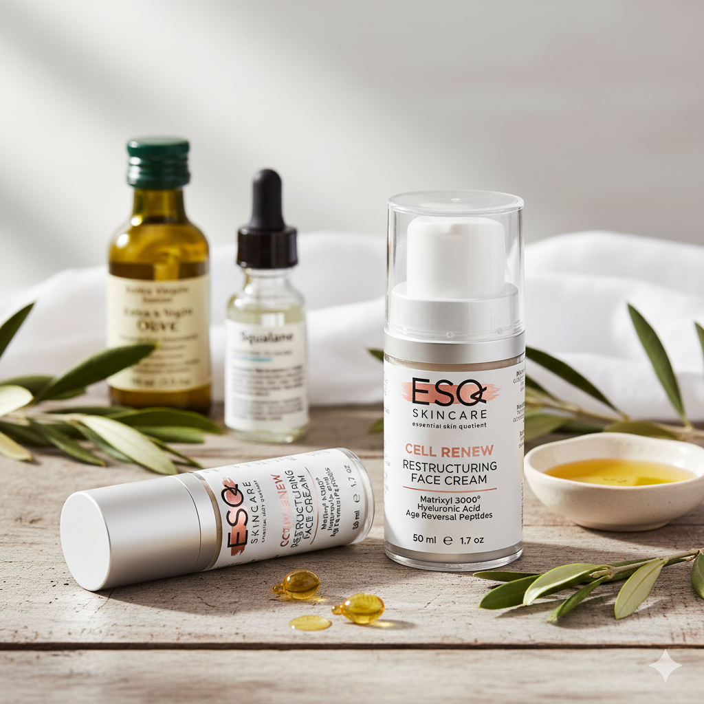 ESQ Skincare products on a wooden surface with olive leaves and oil.
