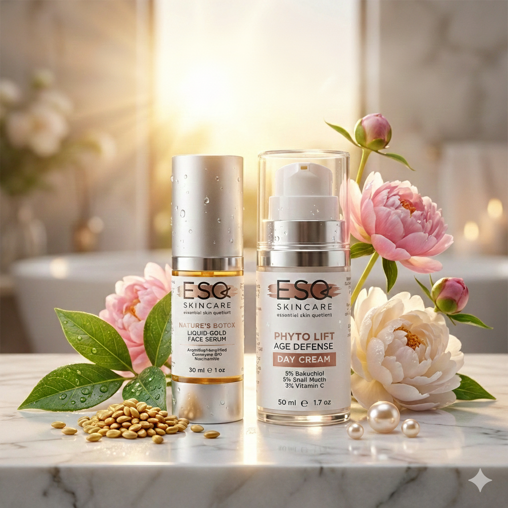 Two skincare products on a marble surface with flowers and seeds.