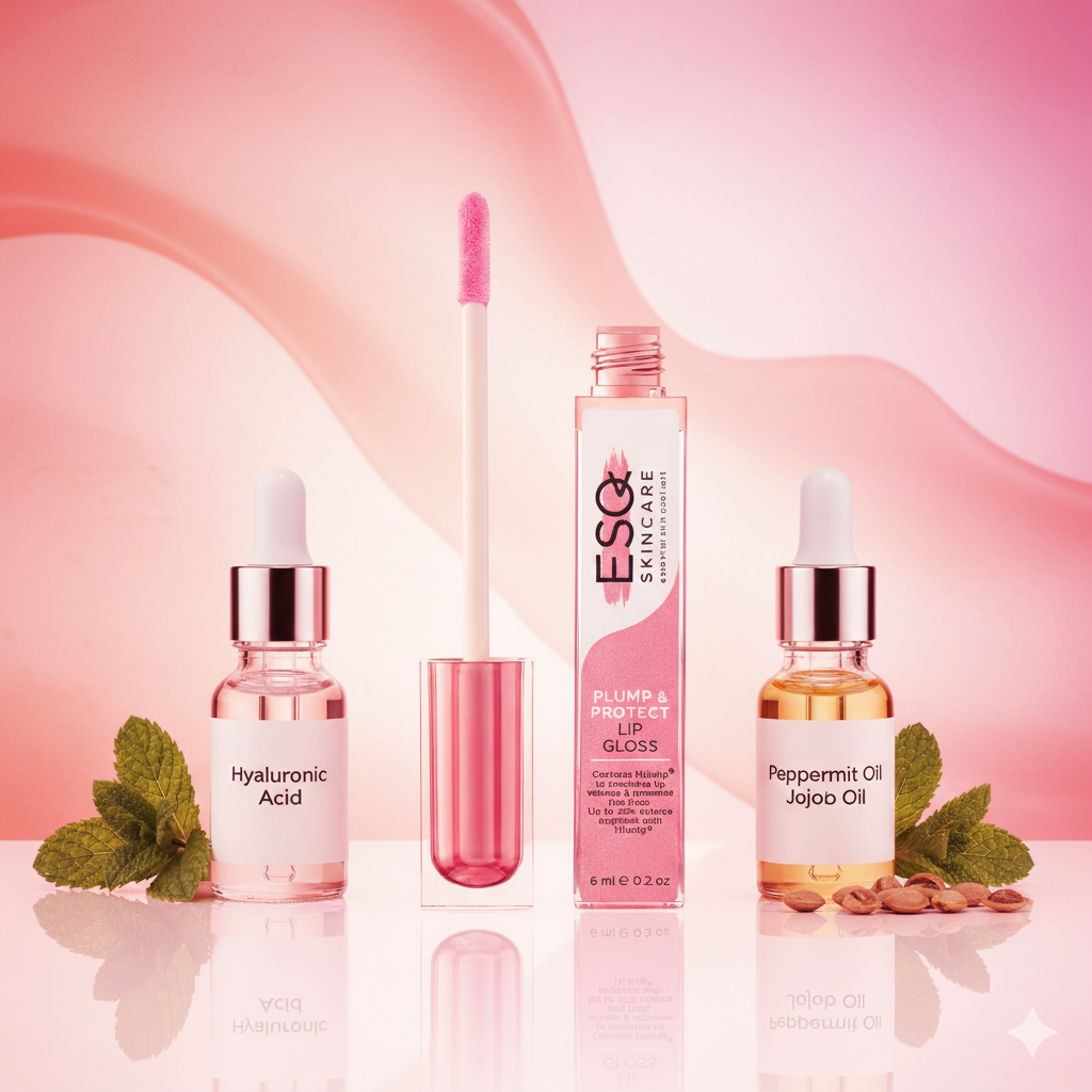 ESQ Skincare products including a serum, lip gloss, and oil on a pink background