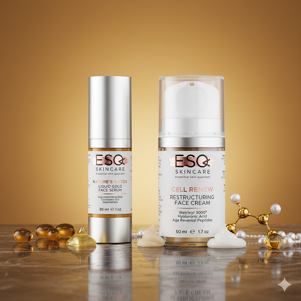 Two skincare products from ESQ Skincare on a reflective surface with a gold background