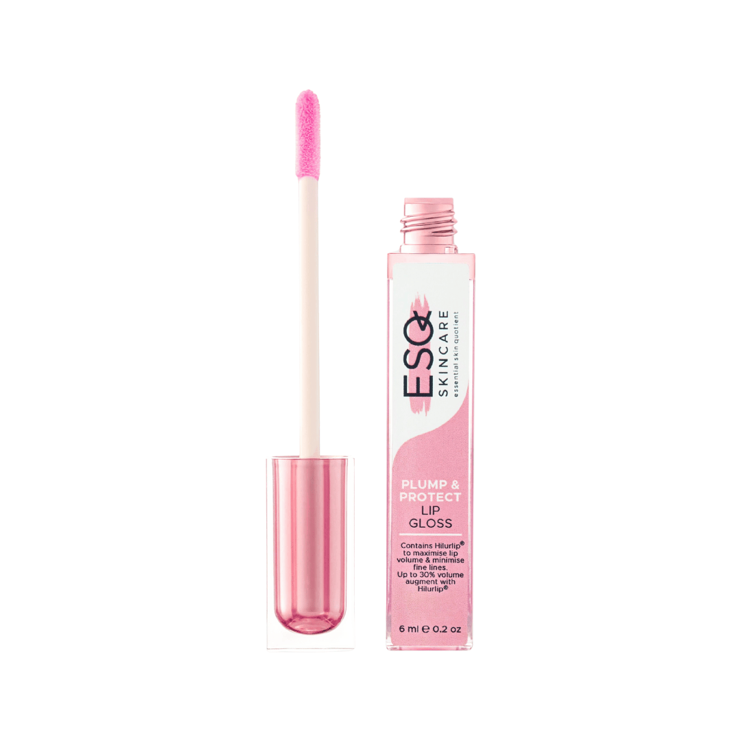 Pink lip gloss with applicator and packaging on a white background