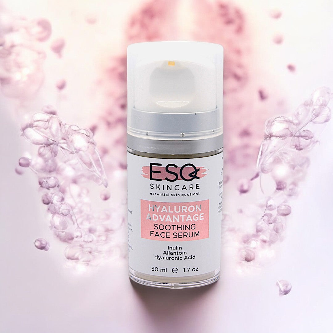 BSQ Skincare Hyaluron D'Vantage Soothing Face Serum on a pink background with water droplets.
