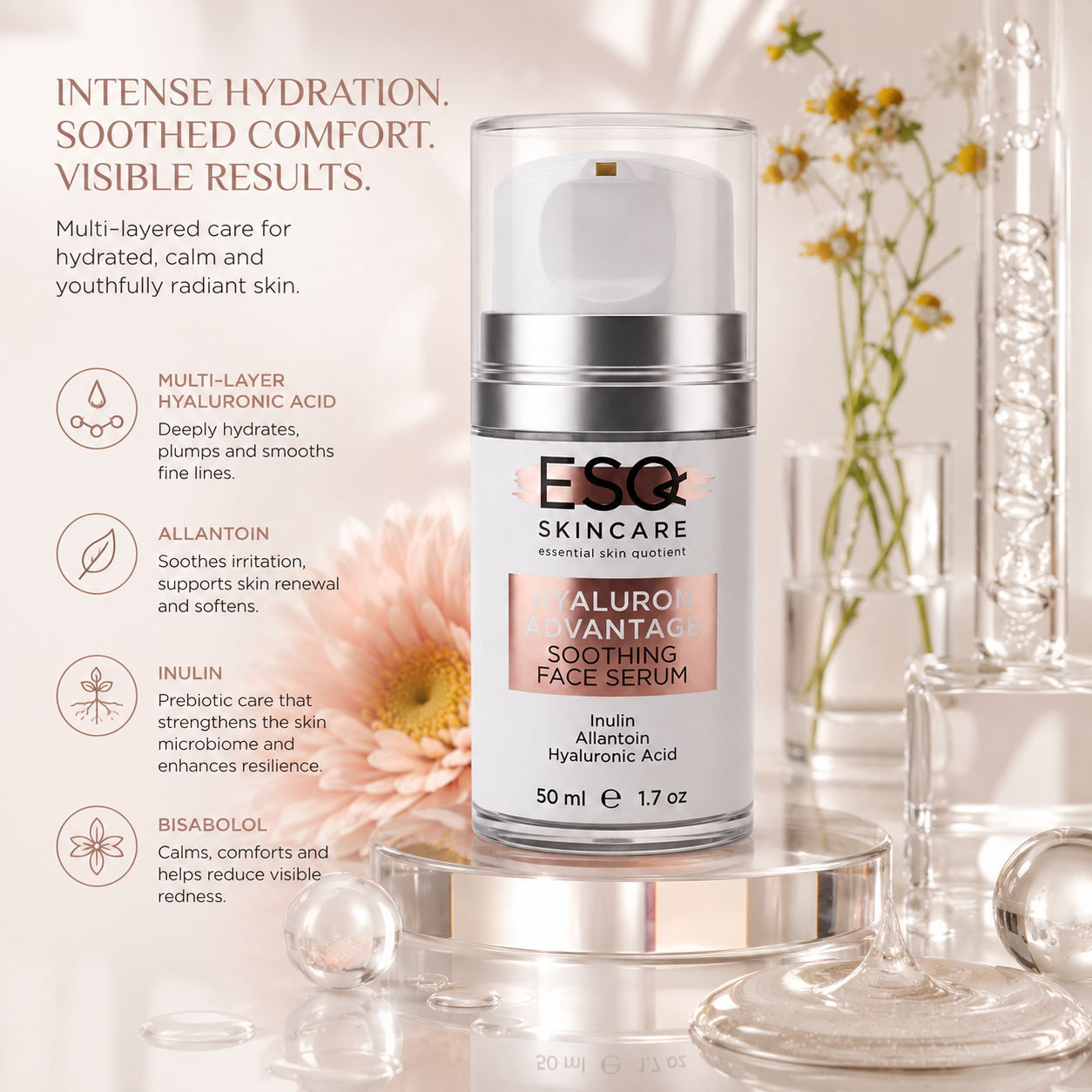 ESQ Skincare Aluriontace Soothing Face Serum bottle displayed on a reflective surface with decorative glassware and soft floral elements in the background. The bottle is white with a silver pump and a peach label panel.