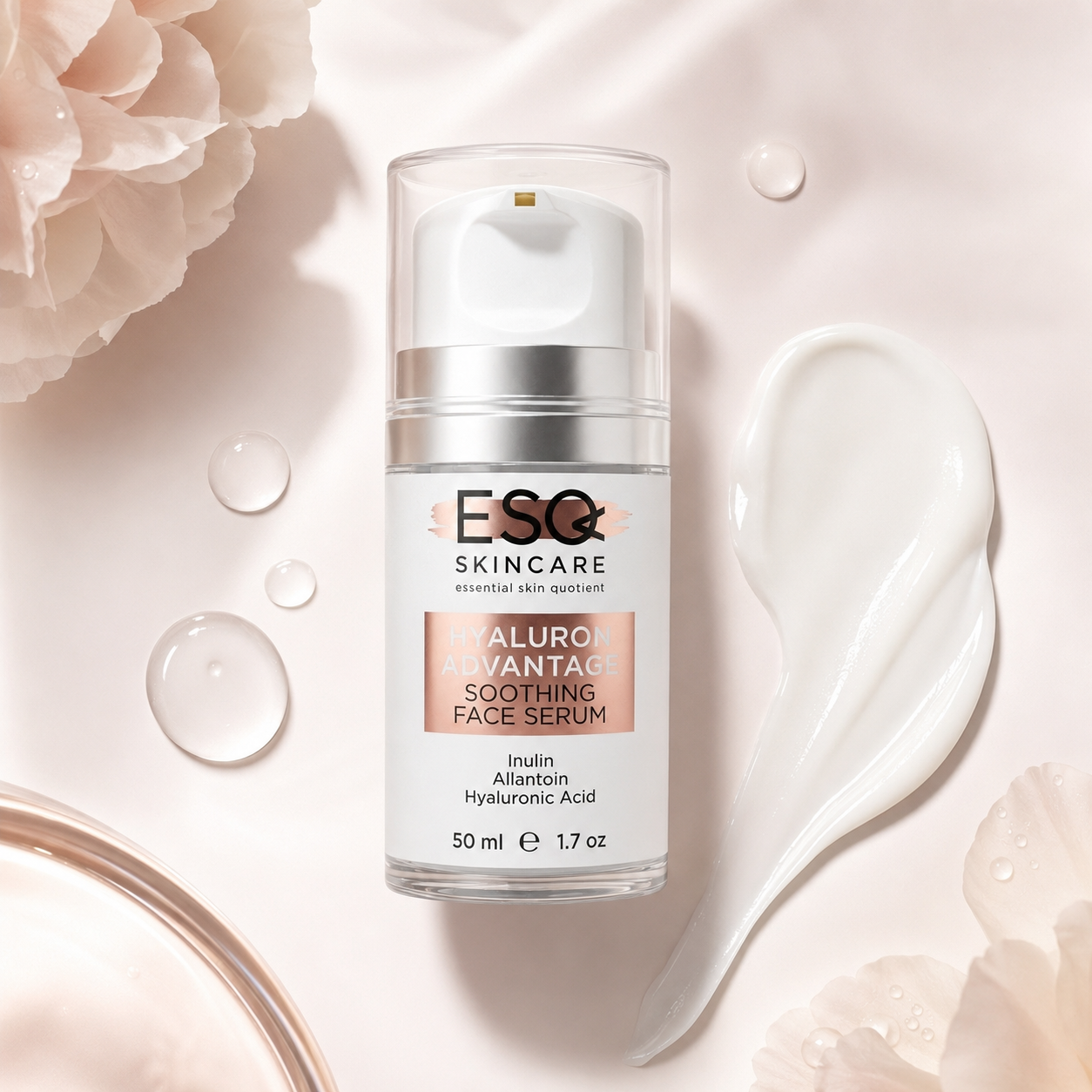 A 50 ml pump bottle of ESC Skincare Alurol Advantage Soothing Face Serum, styled on a light pink background with decorative white flowers, clear water droplets, and a white cream smear.