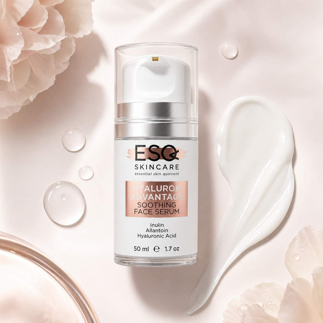 A 50 ml pump bottle of ESC Skincare Alurol Advantage Soothing Face Serum, styled on a light pink background with decorative white flowers, clear water droplets, and a white cream smear.