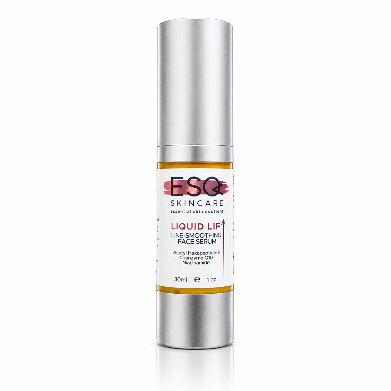 A 30ml silver bottle of ESQ Skincare Liquid Lift Line-Smoothing Face Serum, featuring a white label with pink and rose gold accents, set against a clean white background with a subtle reflection.