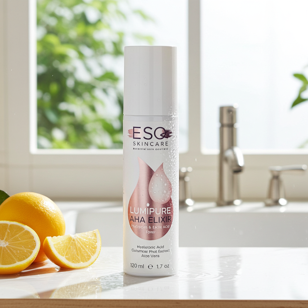 ESQ Skincare Lumipure AHA Elixir bottle on a kitchen counter with lemons