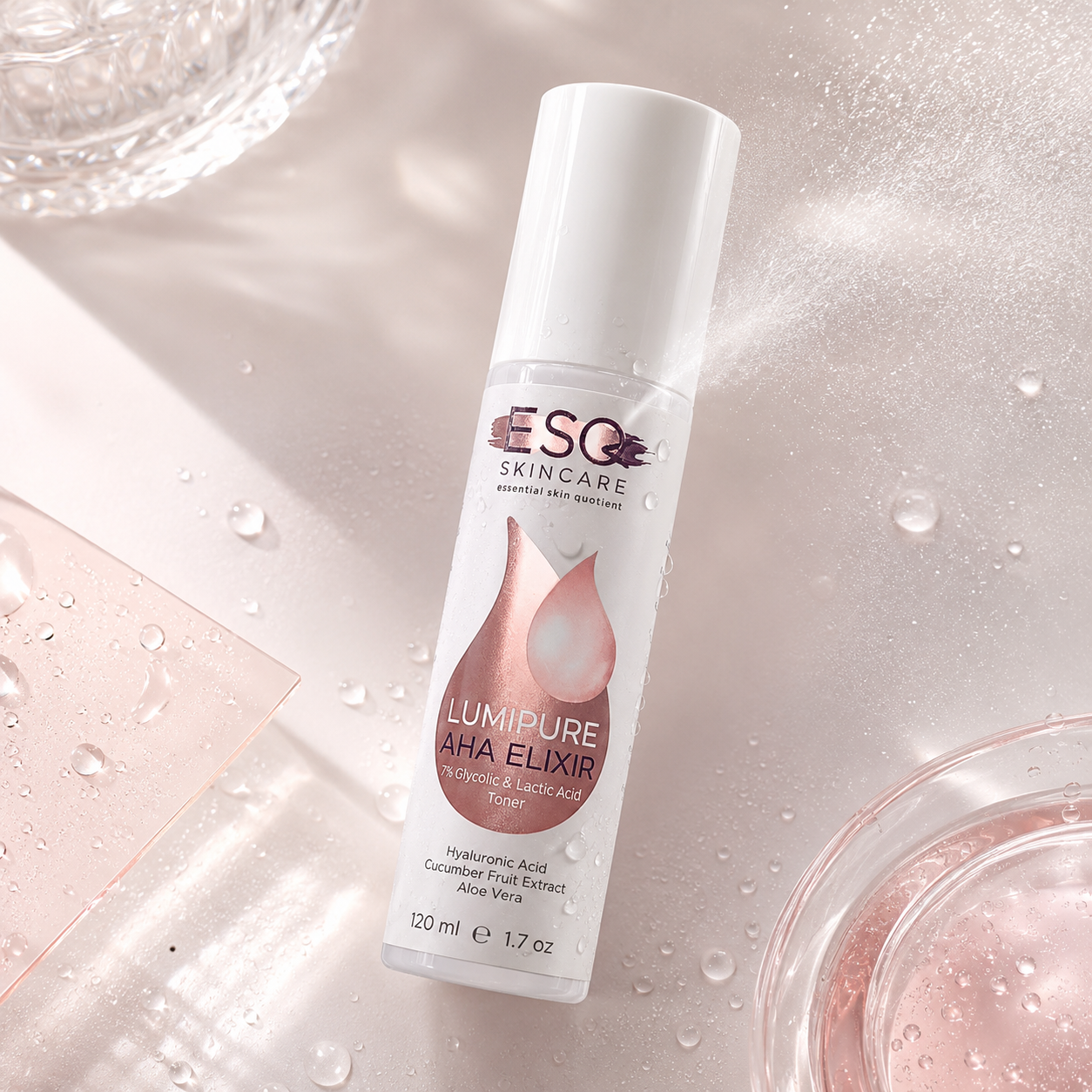 A bottle of ESC Skincare Lumipure AHA Elixir skincare product, featuring a white cap and a white bottle with a pink droplet graphic, styled on a glossy, water-droplet-covered light pink surface.