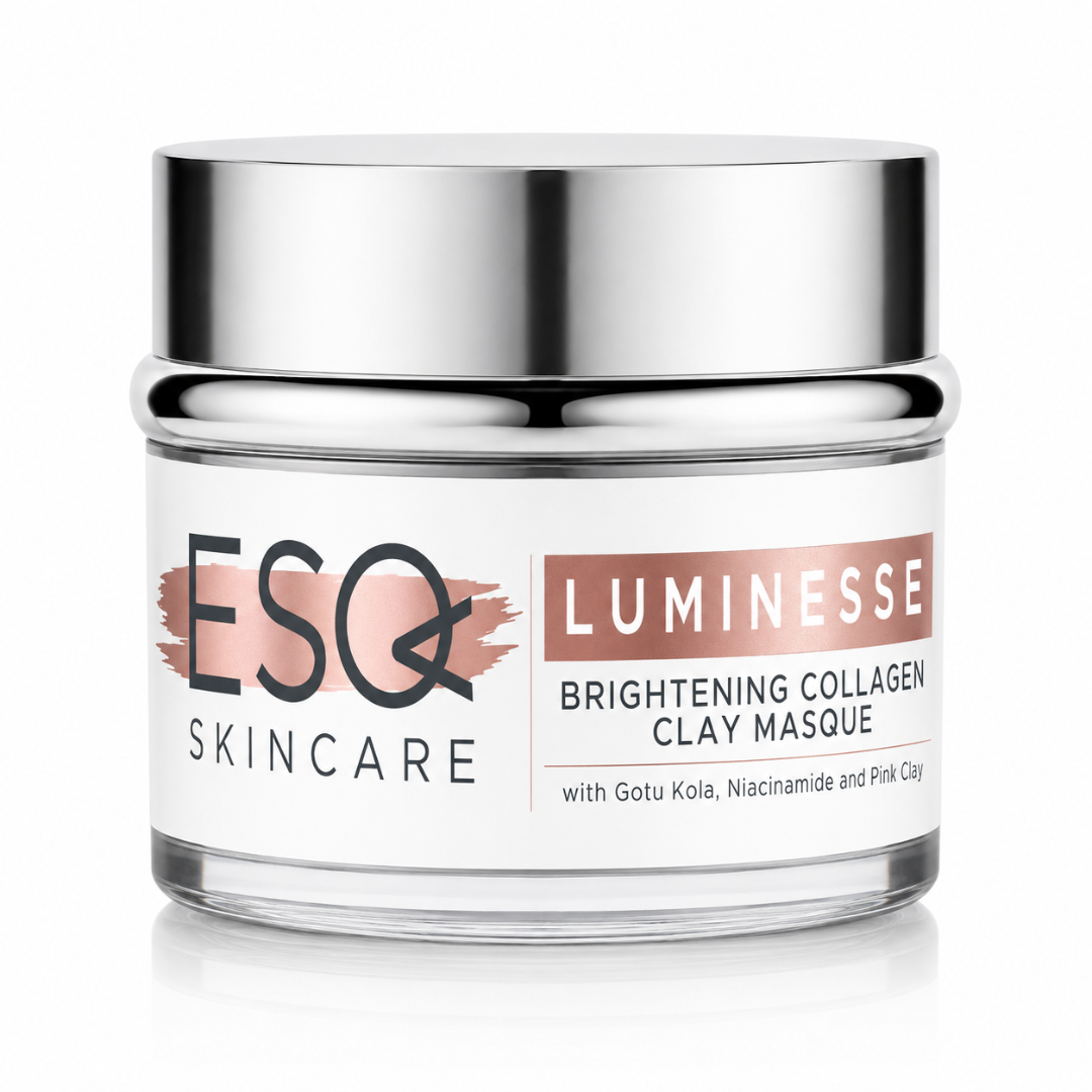ESQ Skincare Luminesse Brightening Collagen Clay Masque in a clear glass jar with a reflective silver lid and a white label featuring pink and black text.
