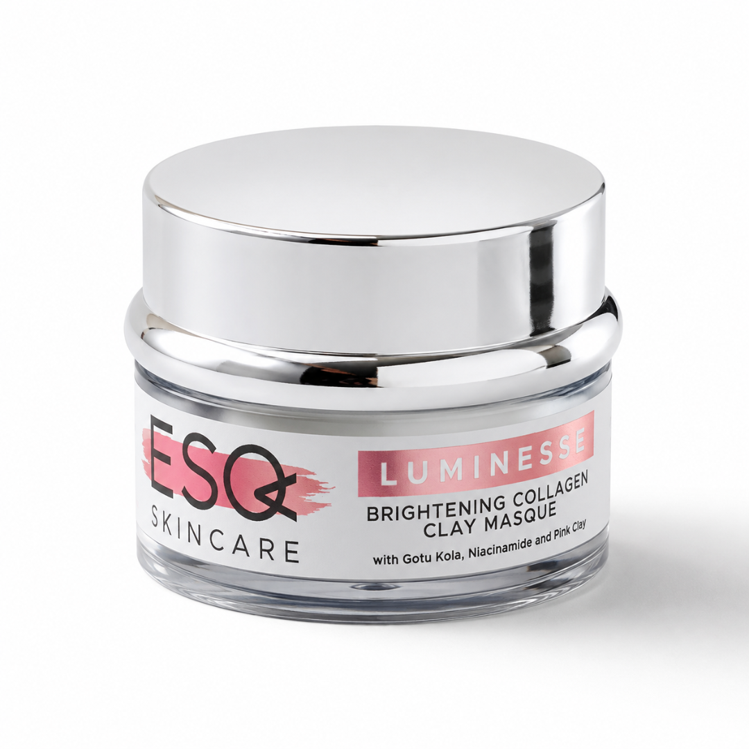 A jar of ESQ Skincare Luminesce Brightening Collagen Clay Masque, featuring a shiny silver lid and a white label with pink and black text, set against a clean white background.