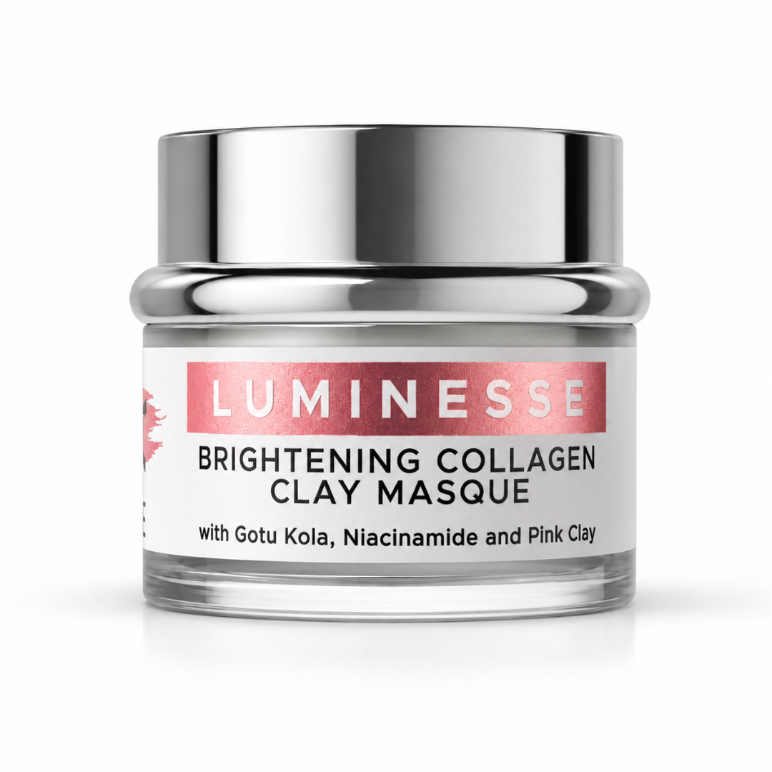 A clear cosmetic jar of Luminesse Brightening Collagen Clay Masque with a shiny silver lid and a white label featuring a pink brand banner, set against a plain white background.